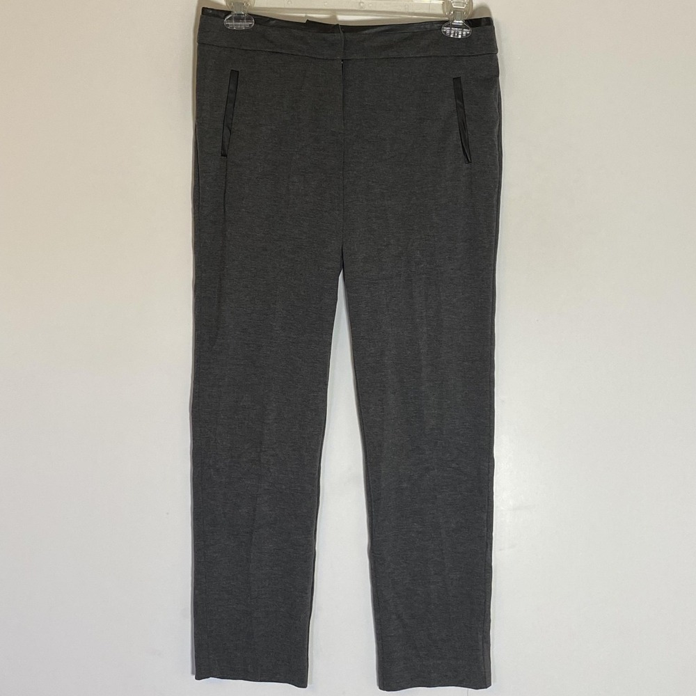 New Directions Dress‎ Pants Womens 10 Gray Ponte Straight Leg Faux Leather Trim